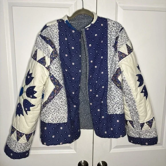 Handmade Quilt Coat Upcycled Patchwork Open Front Blue Shacket Jacket Floral - Picture 2 of 7